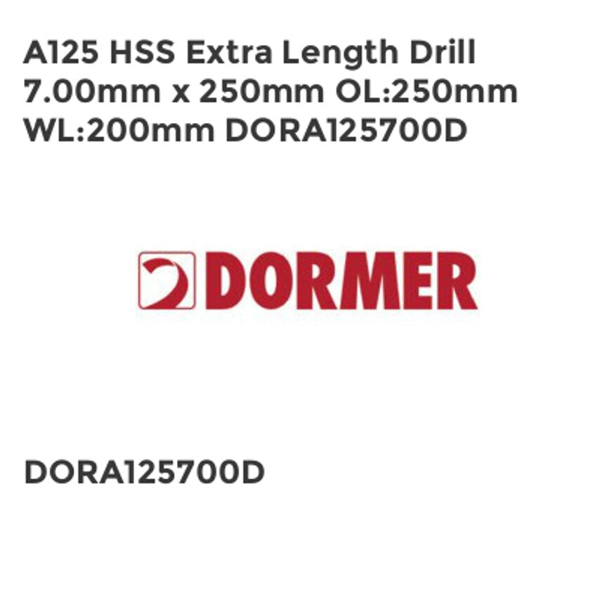 A125 HSS Extra Length Drill 7.00mm x 250mm OL250mm WL200mm DORA125700D