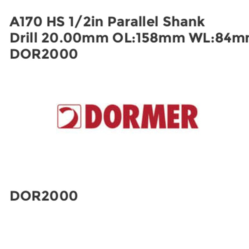 A170 HS 1/2in Parallel Shank Drill 20.00mm OL158mm WL84mm DOR2000