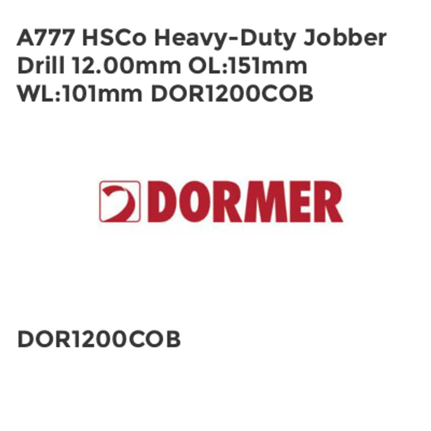 A777 HSCo Heavy-Duty Jobber Drill 12.00mm OL151mm WL101mm DOR1200COB