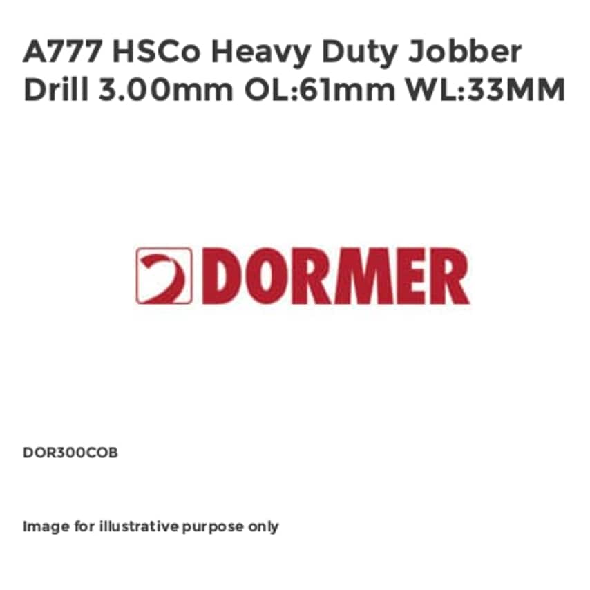 A777 HSCo Heavy Duty Jobber Drill 3.00mm OL:61mm WL:33MM DOR300COB