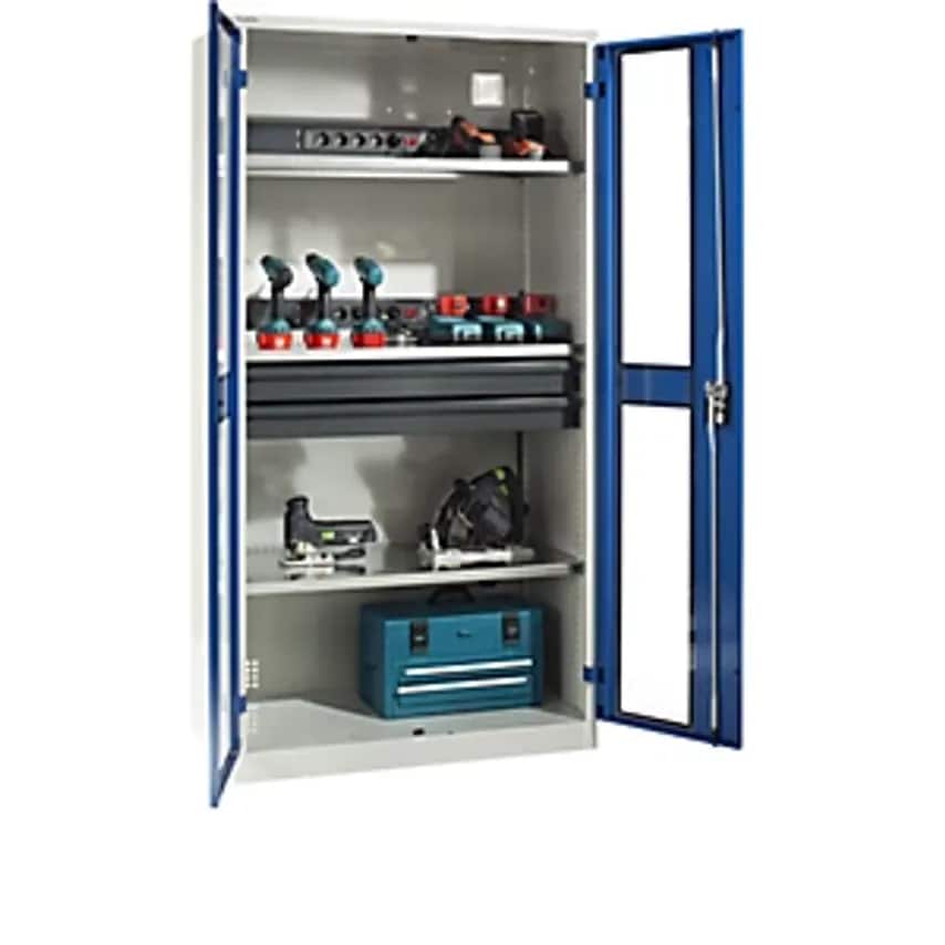 Battery Charging Cabinet, 3 Shelves, 2 Drawers, Vision Panel Doors, Grey/Blue