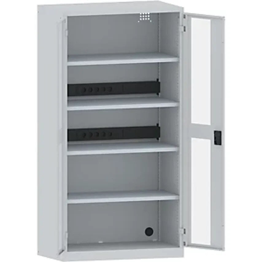 Battery Charging Cabinet, 4 Shelves, Vision Panel Doors, 2 Power Strips At Rear, Grey