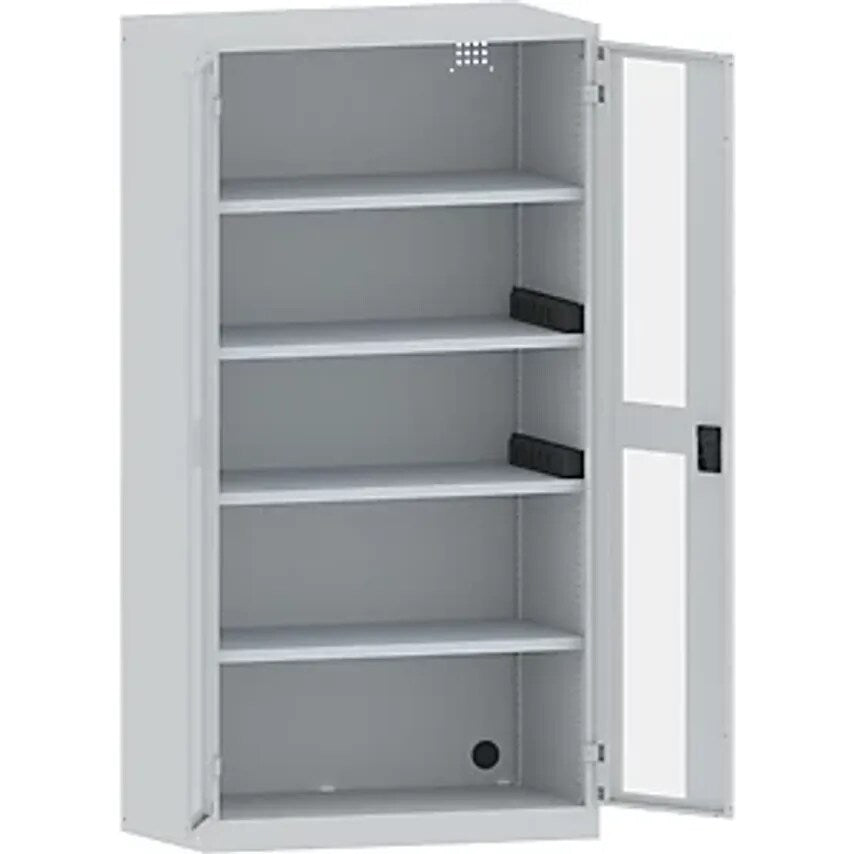 Battery Charging Cabinet, 4 Shelves, Vision Panel Doors, 2 Power Strips At Side, Grey