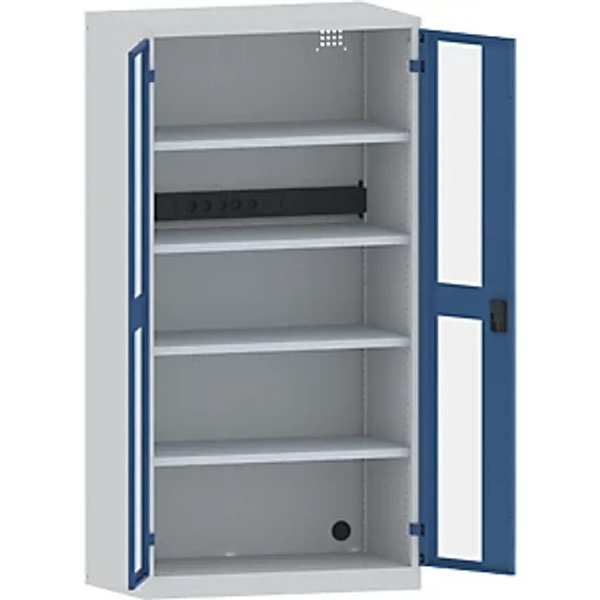 Battery Charging Cabinet, 4 Shelves, Vision Panel Doors, Power Strip At Rear, Grey/Blue