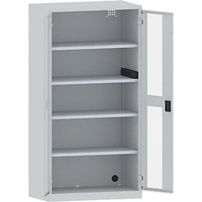 Battery Charging Cabinet, 4 Shelves, Vision Panel Doors, Power Strip At Side, Grey