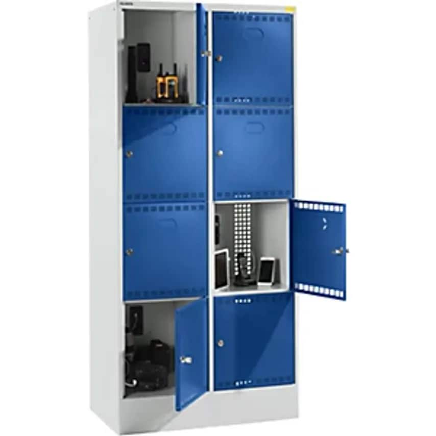 Battery Charging Cabinet With Lockable Compartments - With 2 X 4 Compartments - 2 X 230 V, Grey/Blue