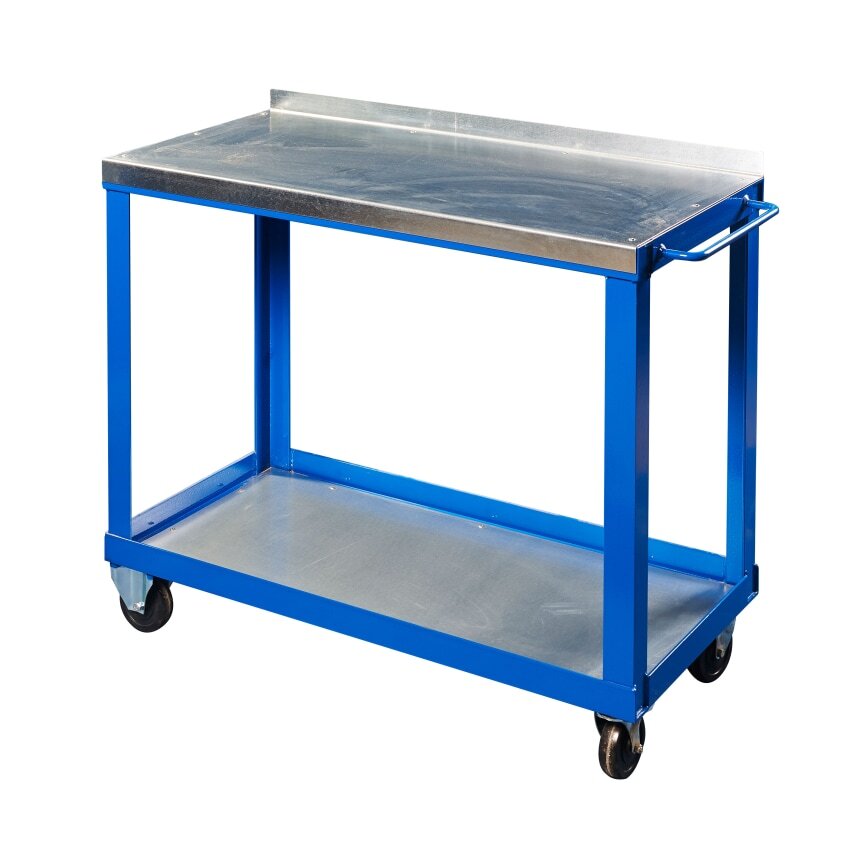 Blue 1000mm x 500mm Galvanised Steel Top Tool Trolley with Bottom Shelf and Castors