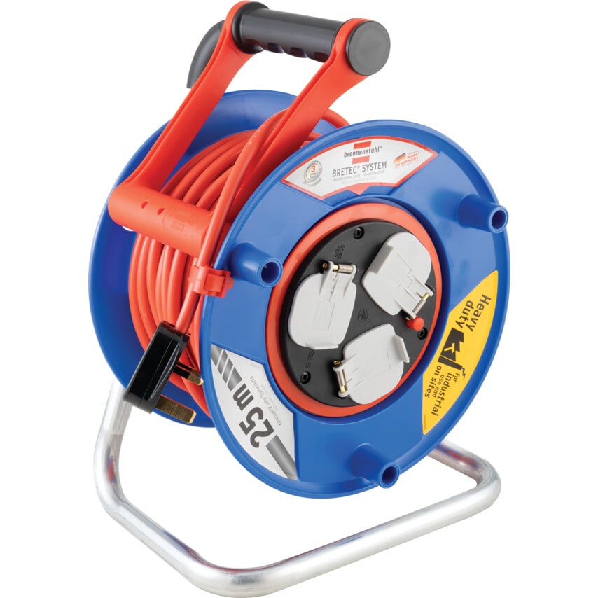 Bretec 3-Way Socket Cable Reel (25M Extension Cable, Ergonomic Handle), Drum with Anti Cable Twist System - 240V