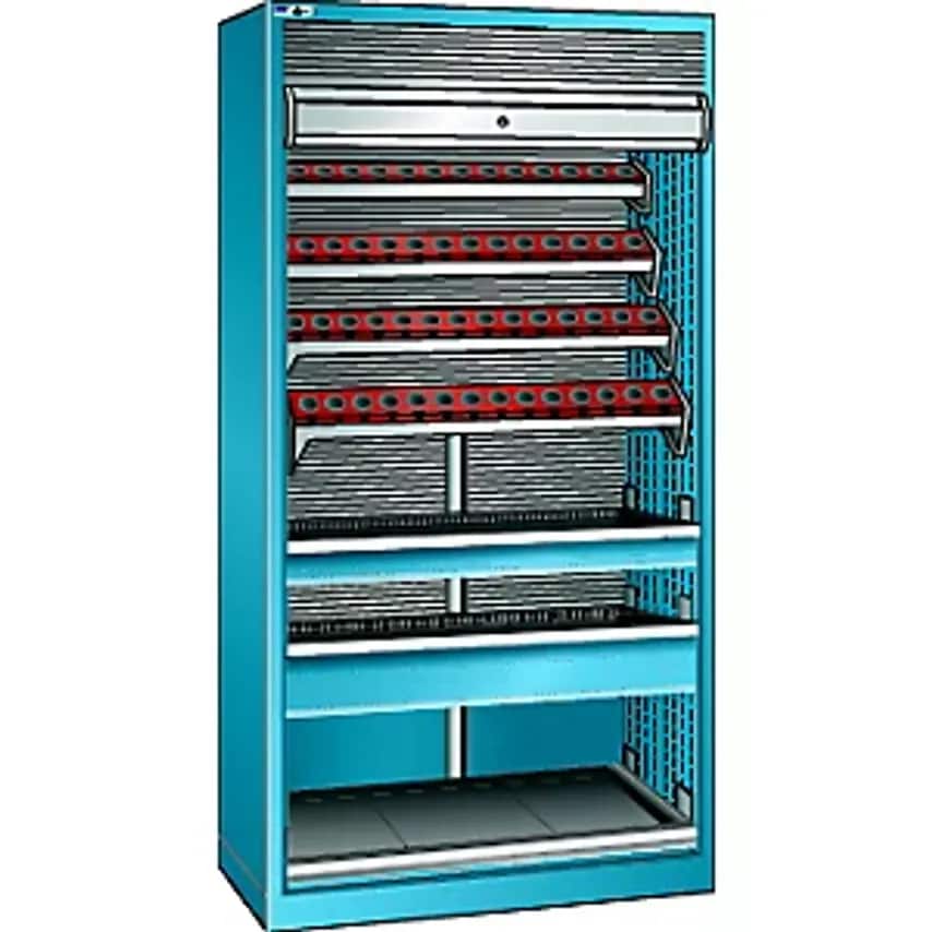 CNC Cupboard With Roller Shutter, 7 Levels, 32 Holders ISO-SK 50, Light Blue RAL 5012