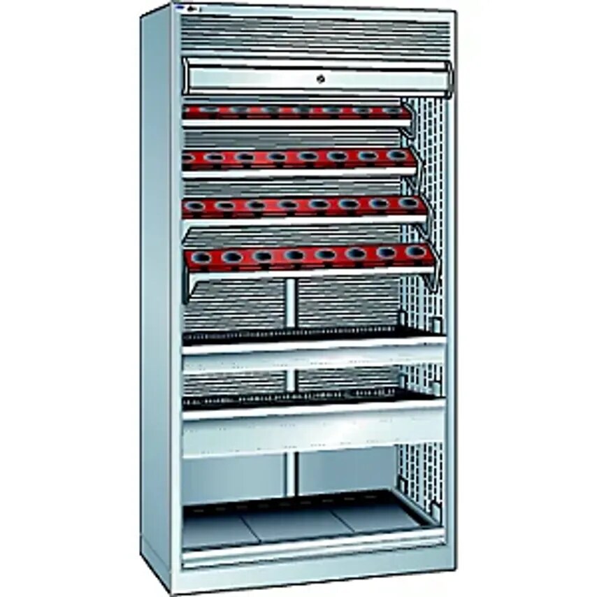 CNC Cupboard With Roller Shutter, 7 Levels, 32 Holders ISO-SK 50, Light Grey RAL 7035
