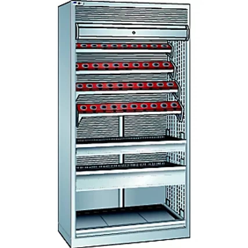 CNC Cupboard With Roller Shutter, 7 Levels, 40 Holders HSK 63 A+C+E/80 B+D, Light Grey RAL 7035