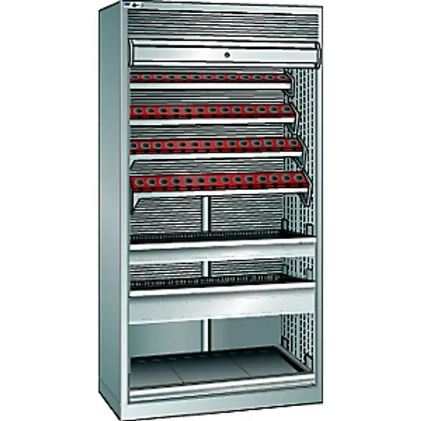 CNC Cupboard With Roller Shutter, 7 Levels, 56 Holders ISO-SK 40, Light Grey RAL 7035
