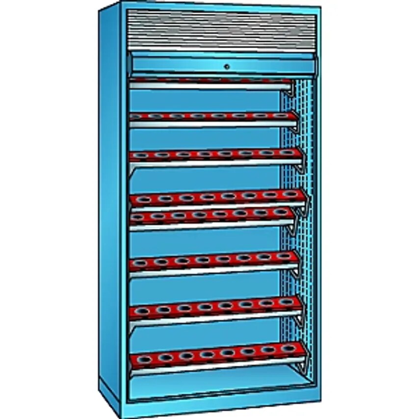 CNC Cupboard With Roller Shutter, 8 Levels, 64 Holders ISO-SK 50, Light Blue RAL 5012