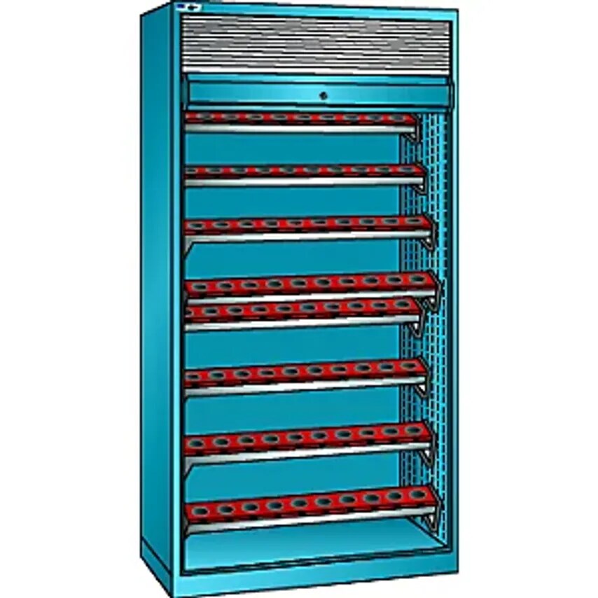 CNC Cupboard With Roller Shutter, 8 Levels, 80 Holders HSK 63 A+C+E/80 B+D+F, Light Blue RAL 5012
