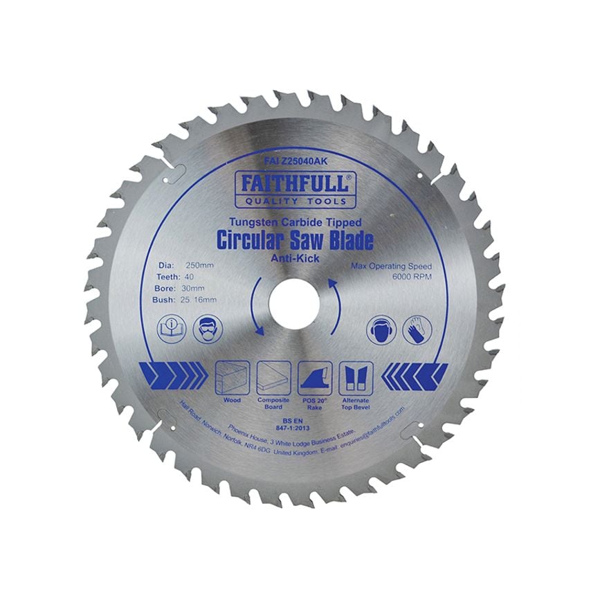 Circular Saw Blade Anti Kick 250 x 30mm x 40T FAIZ25040AK