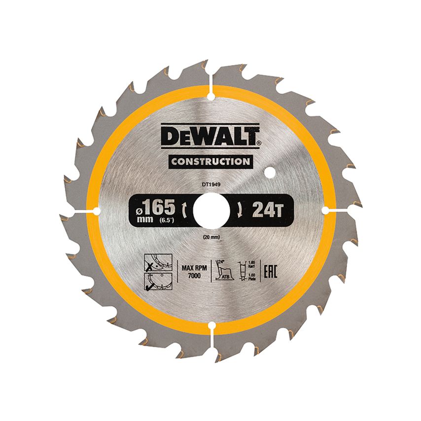 Cordless Construction Trim Saw Blade 165 x 20mm x 24T DEWDT1949QZ