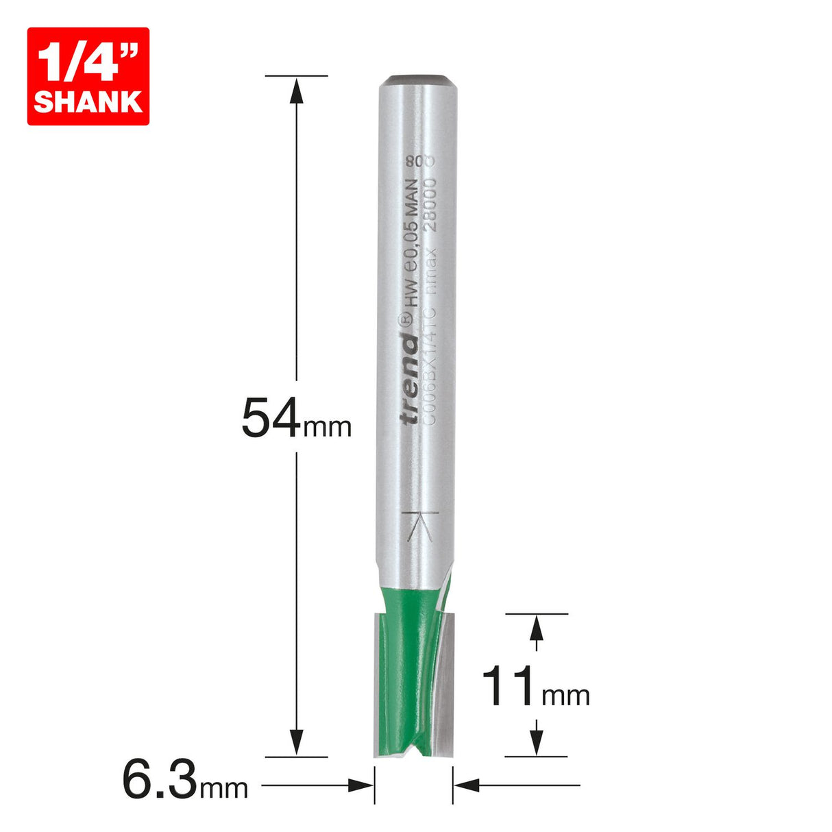 CraftPro 1/4in Shank Two Flute Straight Router Cutter Bit 6.3mm Dia x 11mm Cut Depth - C006BX1/4TC