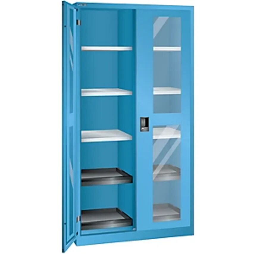 Cupboard With 2 Viewing Window Doors, HxWxD 1950 X 1000 X 580mm, With 10 Shelves, Light Blue