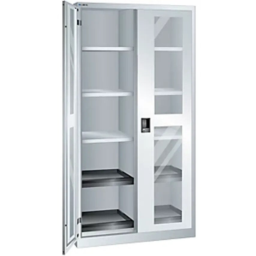 Cupboard With 2 Viewing Window Doors, HxWxD 1950 X 1000 X 580mm, With 10 Shelves, Light Grey