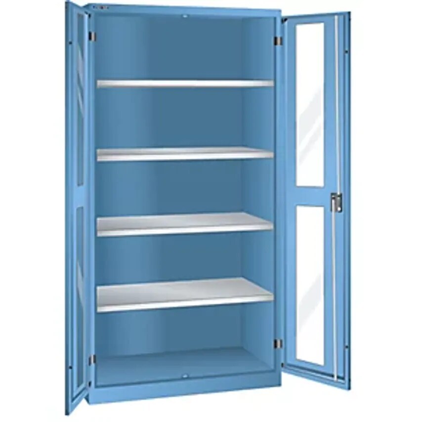 Cupboard With 2 Viewing Window Doors, HxWxD 1950 X 1000 X 580mm, With 4 Shelves, Light Blue