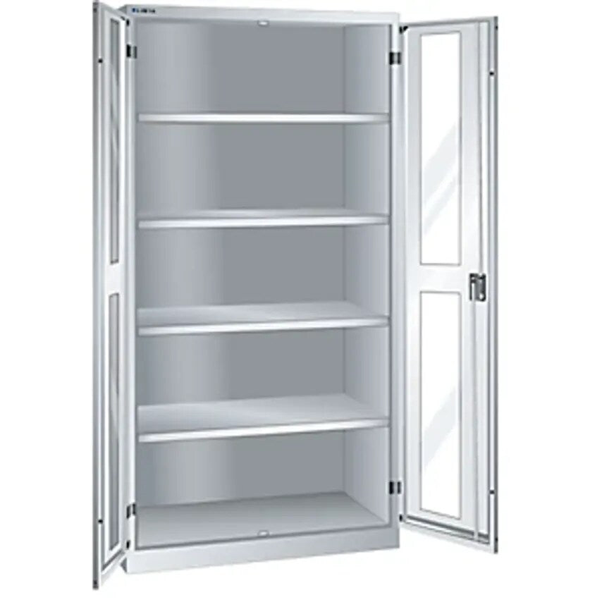 Cupboard With 2 Viewing Window Doors, HxWxD 1950 X 1000 X 580mm, With 4 Shelves, Light Grey