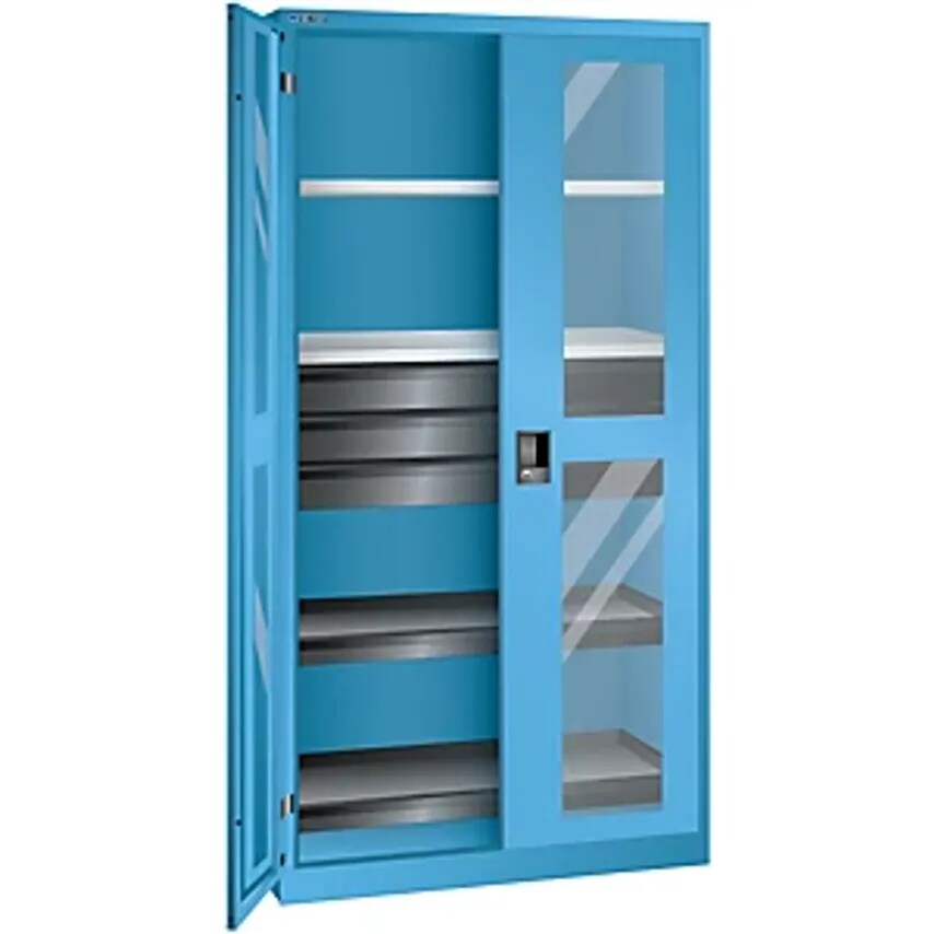 Cupboard With 2 Viewing Window Doors - HxWxD 1950 X 1000 X 580mm - With 2 Shelves, 2 Pull-Out Shelves And 3 Drawers, Light Blue