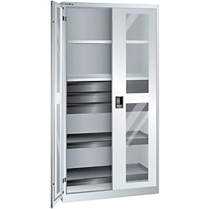 Cupboard With 2 Viewing Window Doors - HxWxD 1950 X 1000 X 580mm - With 2 Shelves, 2 Pull-Out Shelves And 3 Drawers, Light Grey