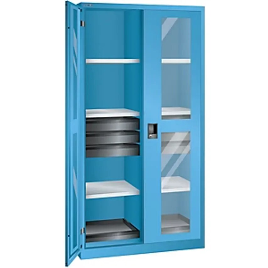 Cupboard With 2 Viewing Window Doors - HxWxD 1950 X 1000 X 580mm - With 8 Shelves, 6 Drawers, Light Blue