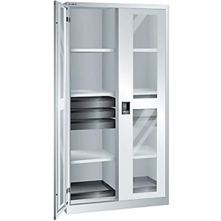 Cupboard With 2 Viewing Window Doors - HxWxD 1950 X 1000 X 580mm - With 8 Shelves, 6 Drawers, Light Grey