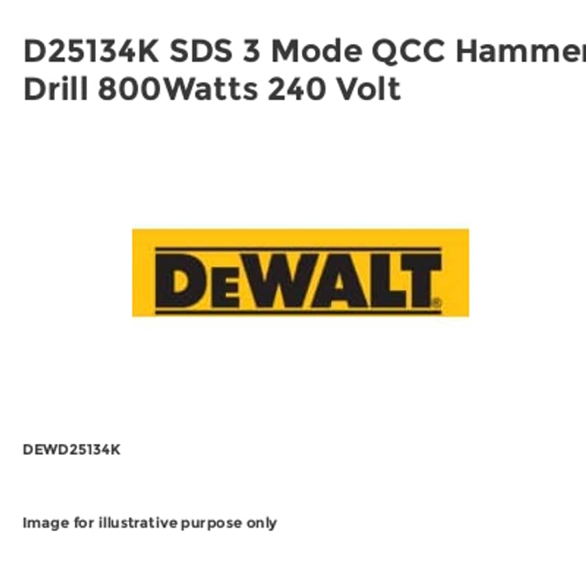 D25134K SDS 3 Mode QCC Hammer Drill 800Watts 240 Volt DEWD25134K