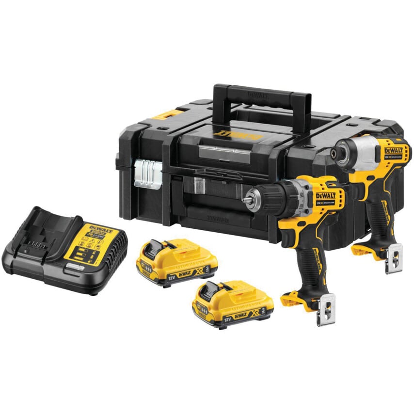DCK2111L2T 12V XR Brushless Sub-compact Twin Pack DCD706 & DCF801 Includes 2 x 3AH Batteries, Multi-voltage Charger and TSTAK Kitbox