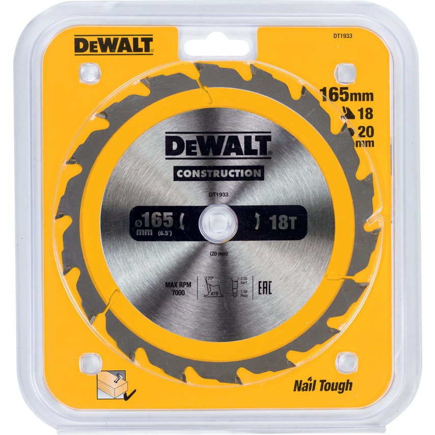 DT1933-QZ Construction Circular Saw Blade for Use with Stationary Machines 165 MM X 20MM X 18T (AC)