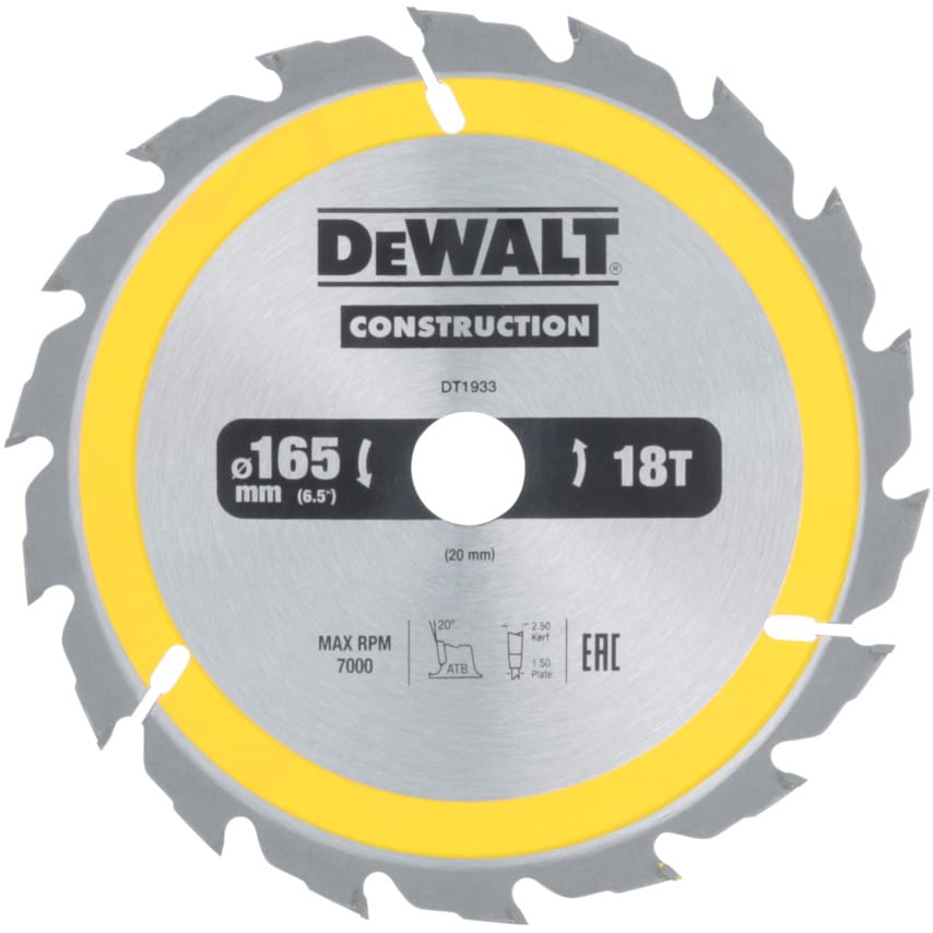 DT1933-QZ Construction Circular Saw Blade for Use with Stationary Machines 165 MM X 20MM X 18T (AC)