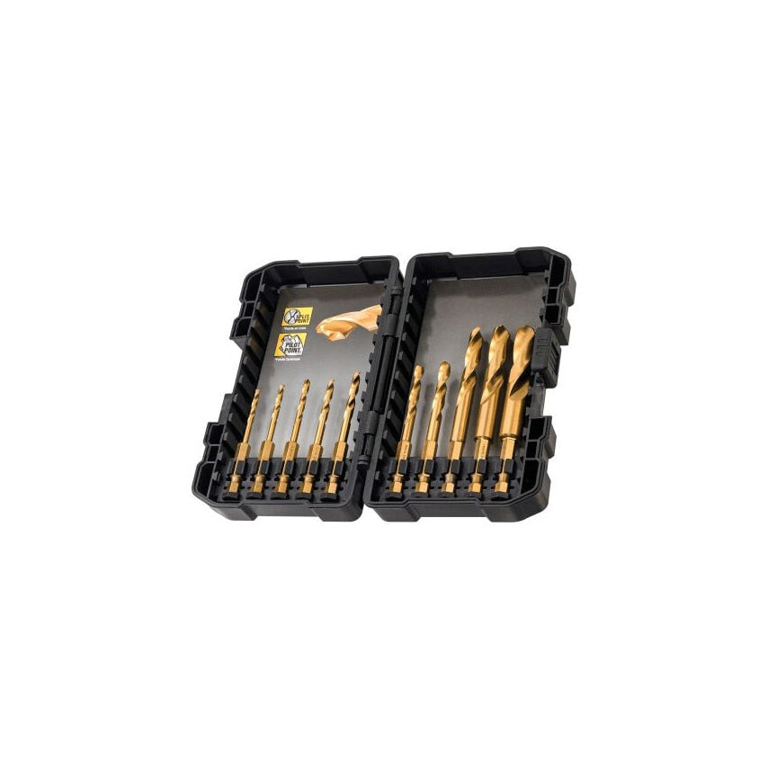 DT50050-QZ 10 Piece Extreme Impact Titanium Metal Drill Bit Set with 1/4in Hex Shank, 3-12mm