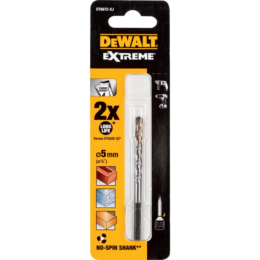 DT6672-XJ Extreme Masonry Drill Bit with No Spin Shank 5.0 x 85mm