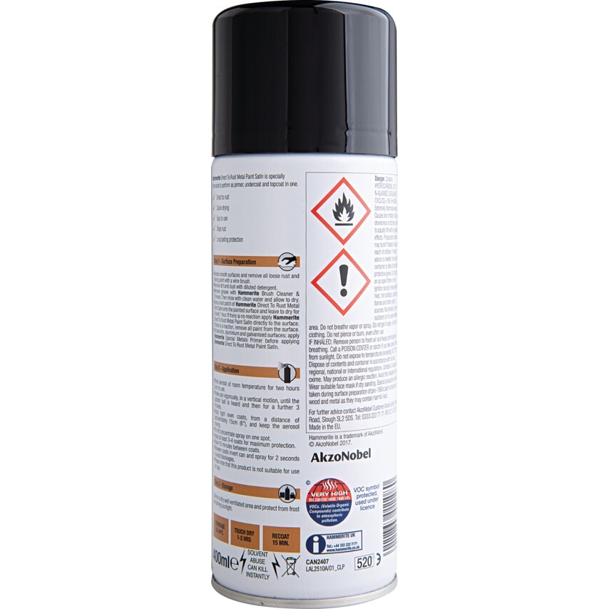 Direct to Rust Smooth Satin Black Aerosol Metal Paint - 400ML