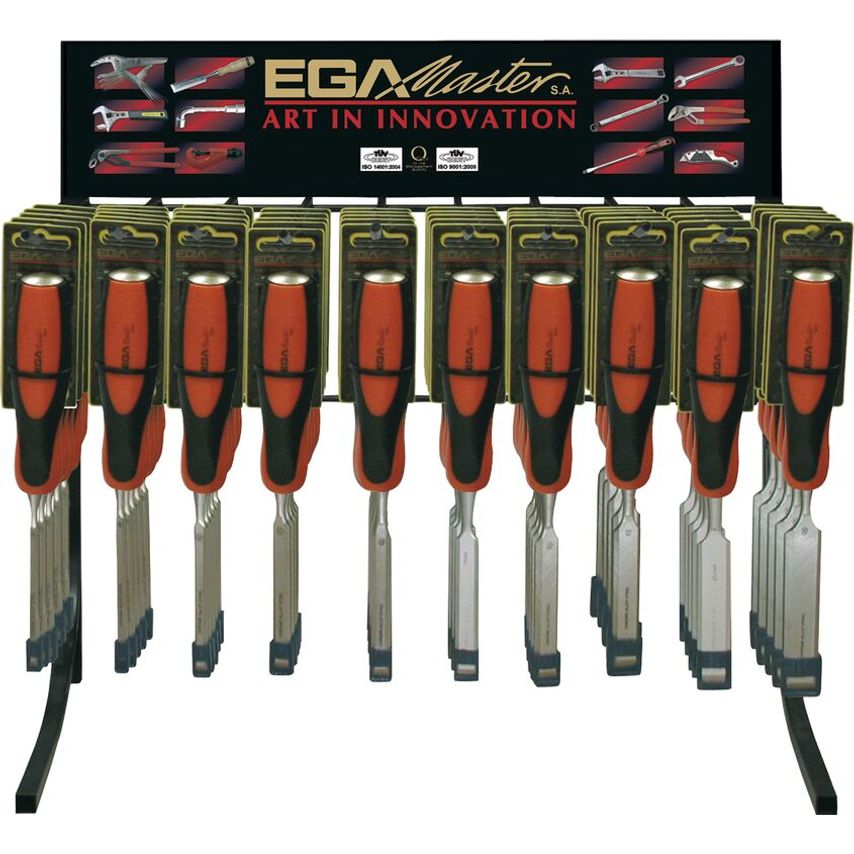 Displya of 60 Firmer Chisels with Orange-Black Plastic Handle 55665