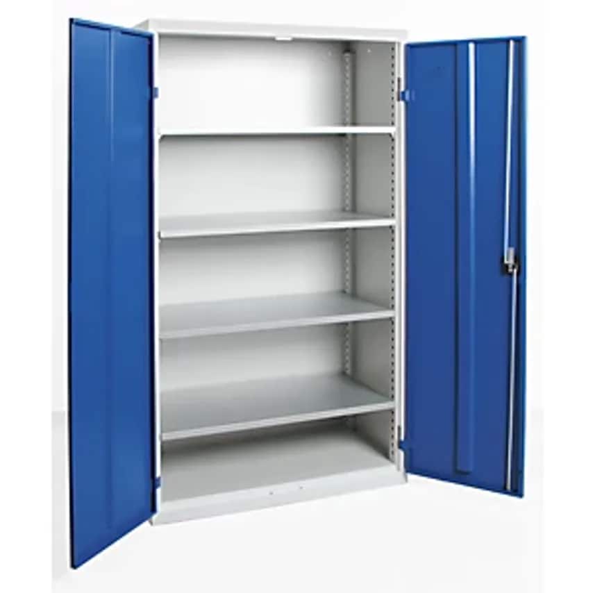 Double Door Cupboard, With Solid Panel Doors, 4 Shelves, Light Grey/Gentian Blue