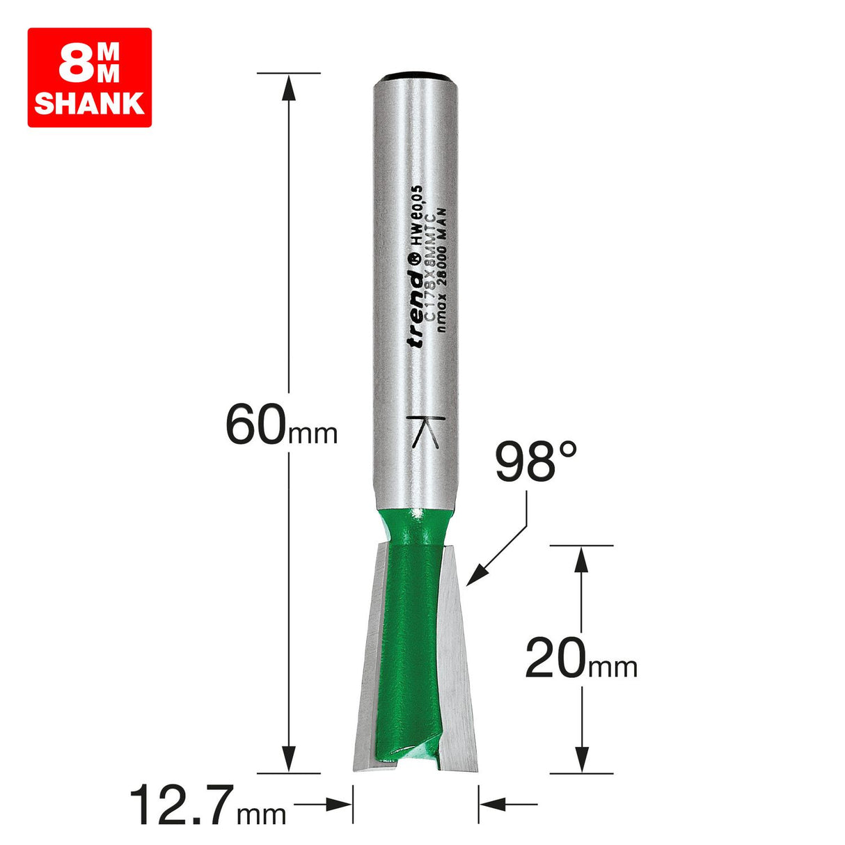 Dovetail 12.7mm x 98 Degrees x 20mm Cut - C178X8MMTC
