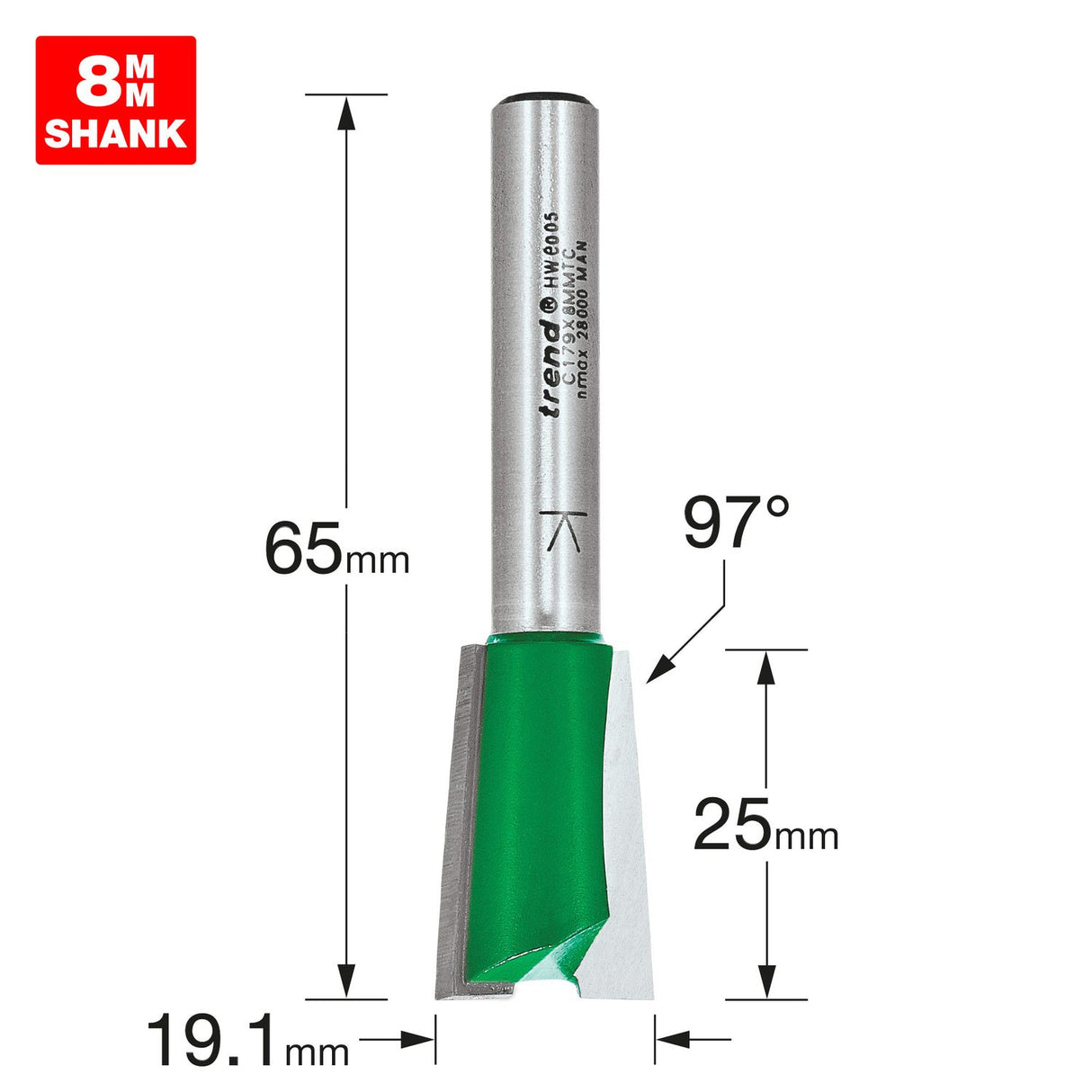 Dovetail 19.1mm x 97 Degrees x 25mm Cut - C179X8MMTC
