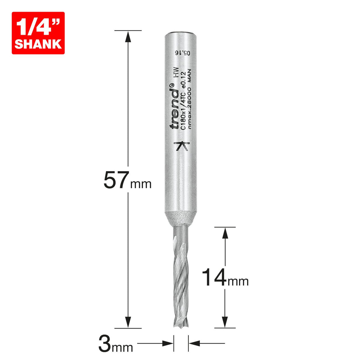 Dowel Drill 3mm x 14mm Cut - C180X1/4TC