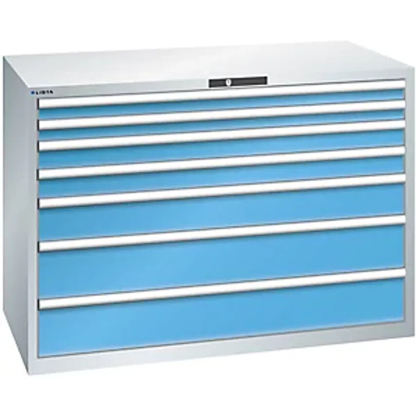 Drawer Cupboard, 7 Drawers, WxDxH 1431 X 725 X 1000mm, Light Grey/Light Blue