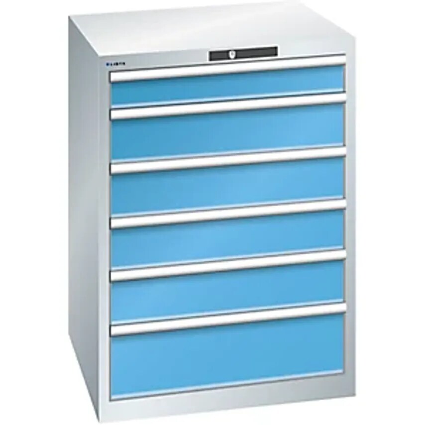 Drawer Cupboard, Sheet Steel, HxW 1000 X 717mm, 6 Drawers, Light Grey/Light Blue