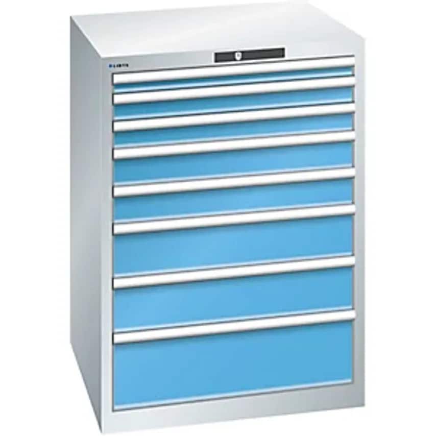 Drawer Cupboard, Sheet Steel, HxW 1000 X 717mm, 8 Drawers, Light Grey/Light Blue