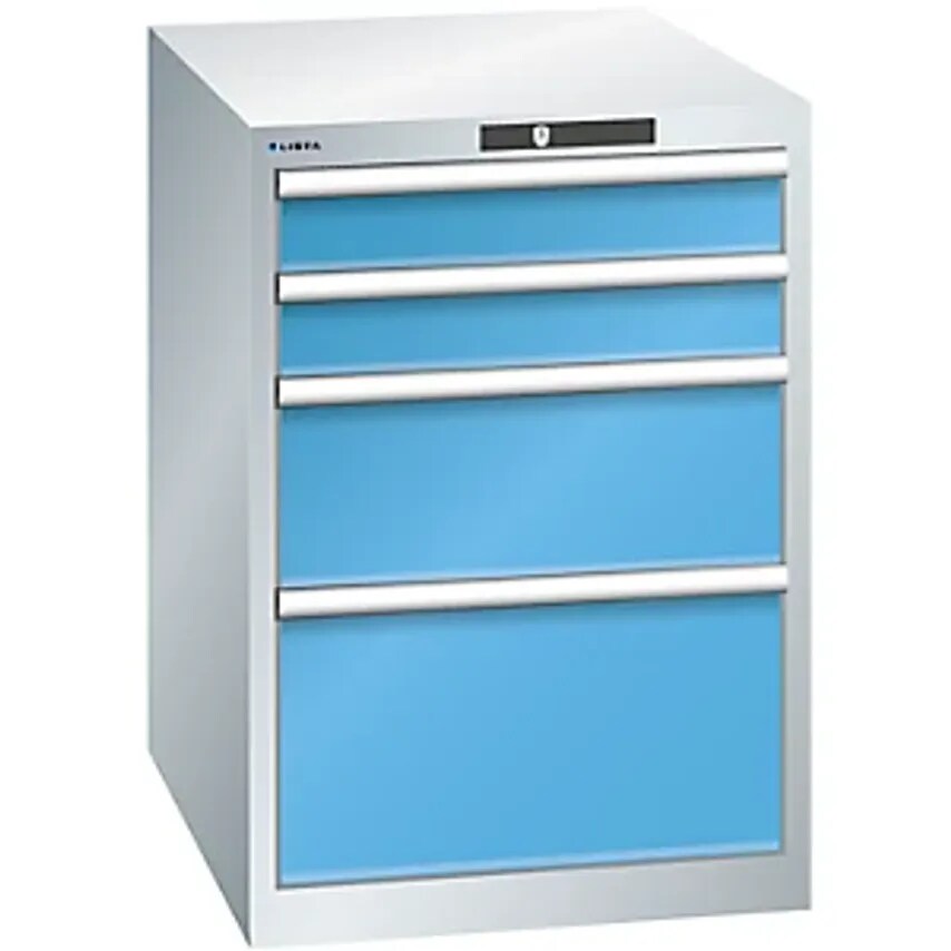 Drawer Cupboard, Sheet Steel, HxW 800 X 564mm, 4 Drawers, Light Grey/Light Blue