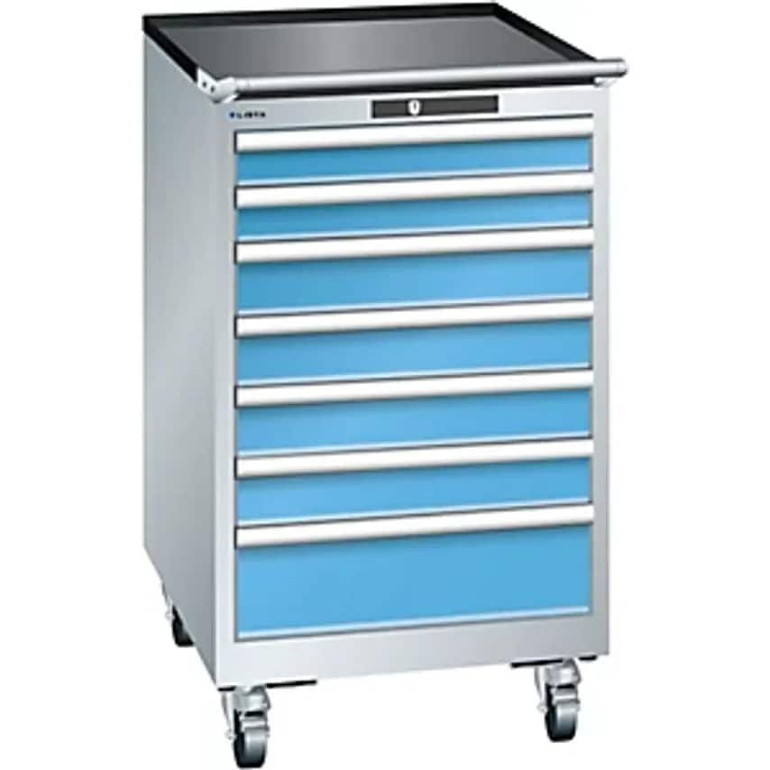Drawer Cupboard, Sheet Steel, HxW 990 X 564mm, 7 Drawers, Mobile, Light Grey/Light Blue
