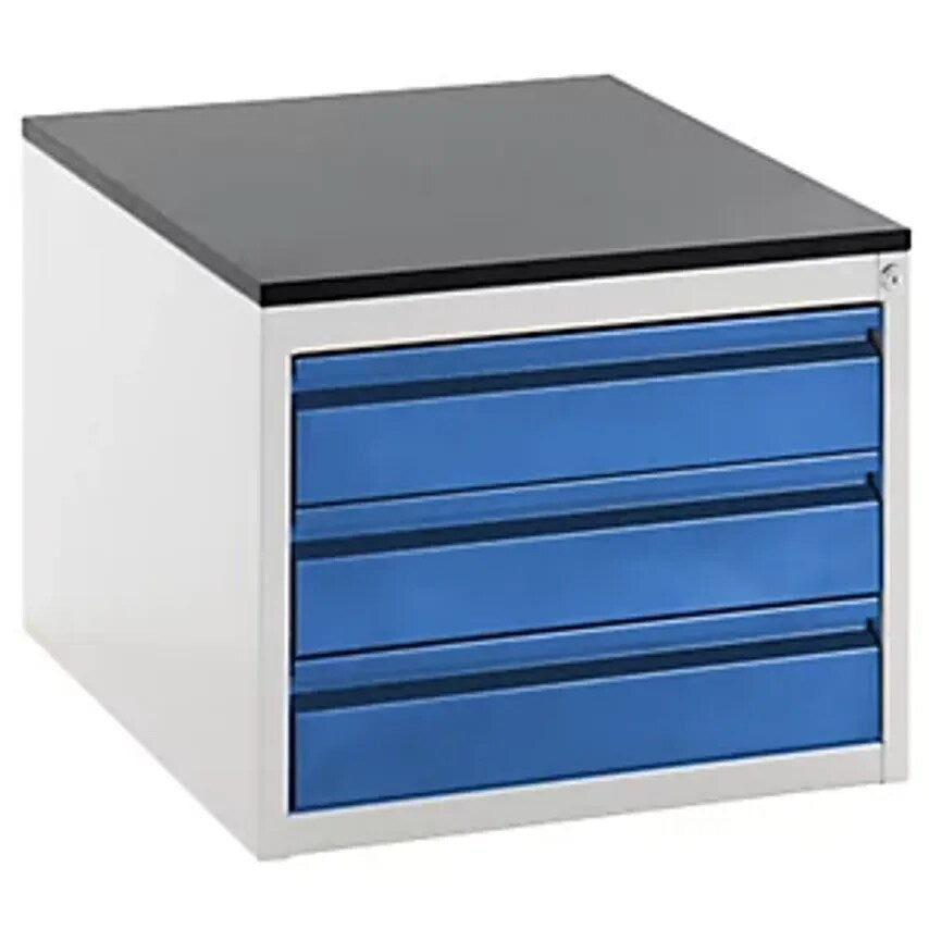 Drawer Cupboard With Telescopic Guides - Height 460mm - 3 X 120mm Drawers, Light Grey/Gentian Blue, Width 580mm.