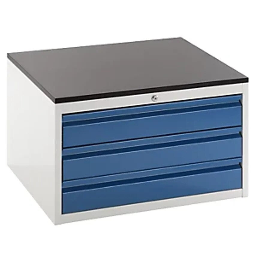 Drawer Cupboard With Telescopic Guides - Height 460mm - 3 X 120mm Drawers, Light Grey/Gentian Blue, Width 770mm.