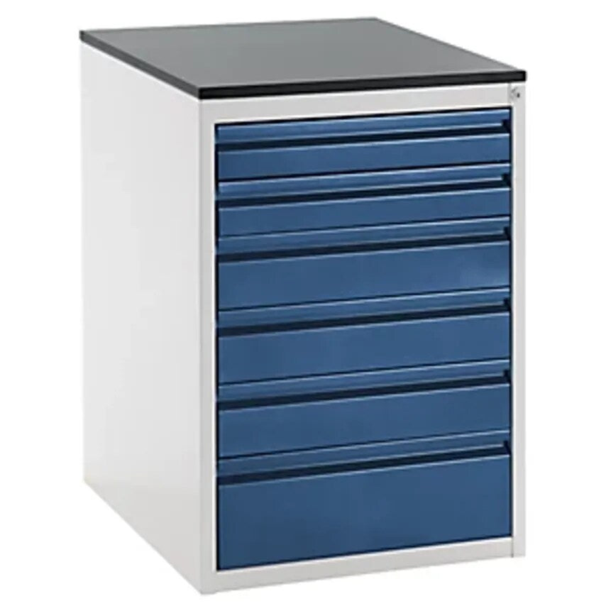 Drawer Cupboard With Telescopic Guides - Height 820mm - Drawers: 2 X 90, 3 X 120, 1 X 180mm, Light Grey/Gentian Blue, Width 580mm