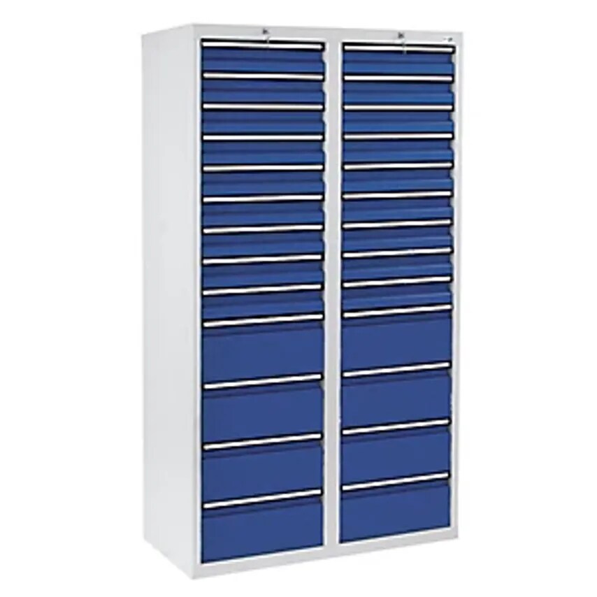 Drawer Cupboard - HxWxD 1800 X 1000 X 500mm - 18 X 100mm Drawers, 8 X 200mm High Drawers, Grey Body, Gentian Blue Drawers